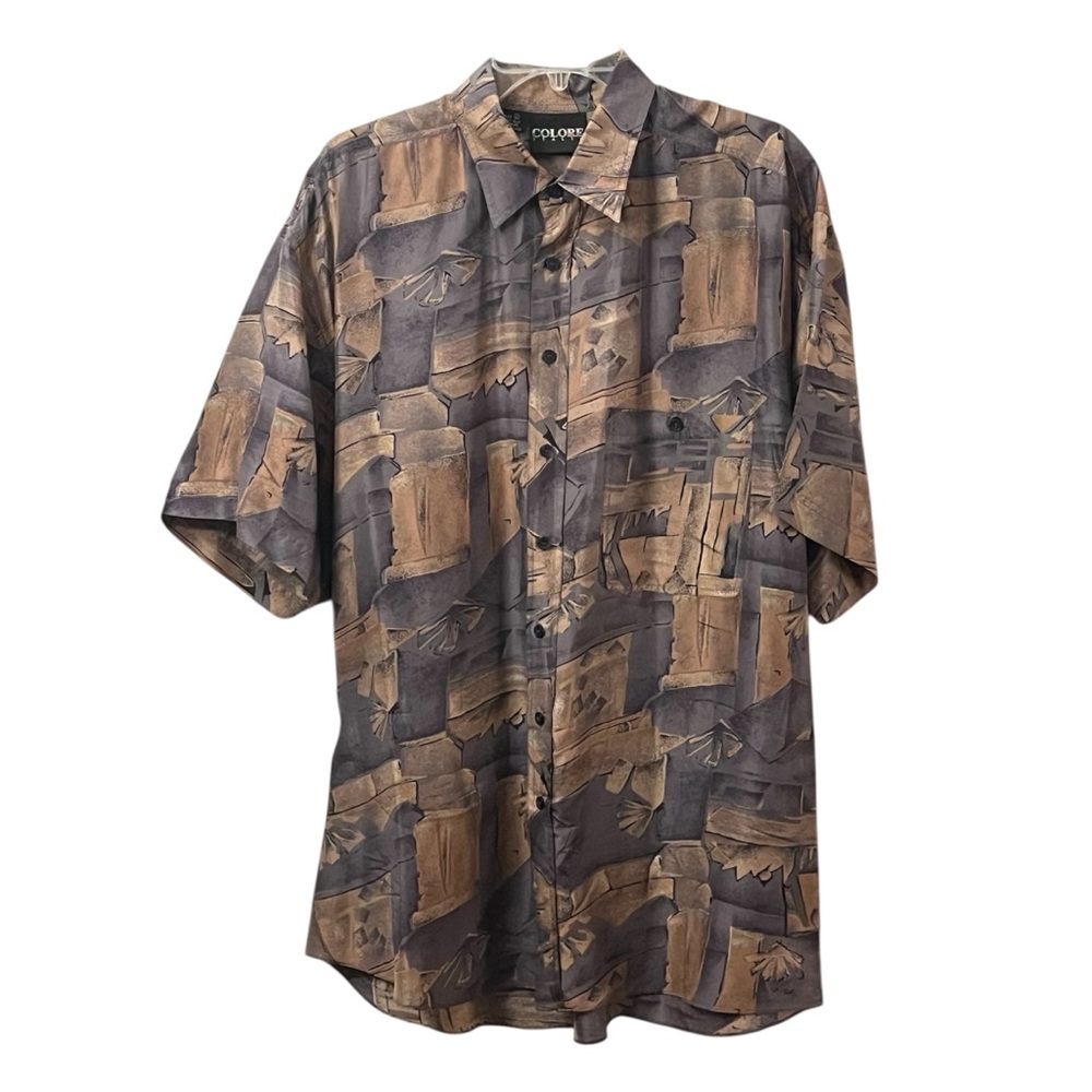 Metallic Silk Business-Casual Collared Short-Sleeve Shirt Colore Italia Perfect - Picture 4 of 10